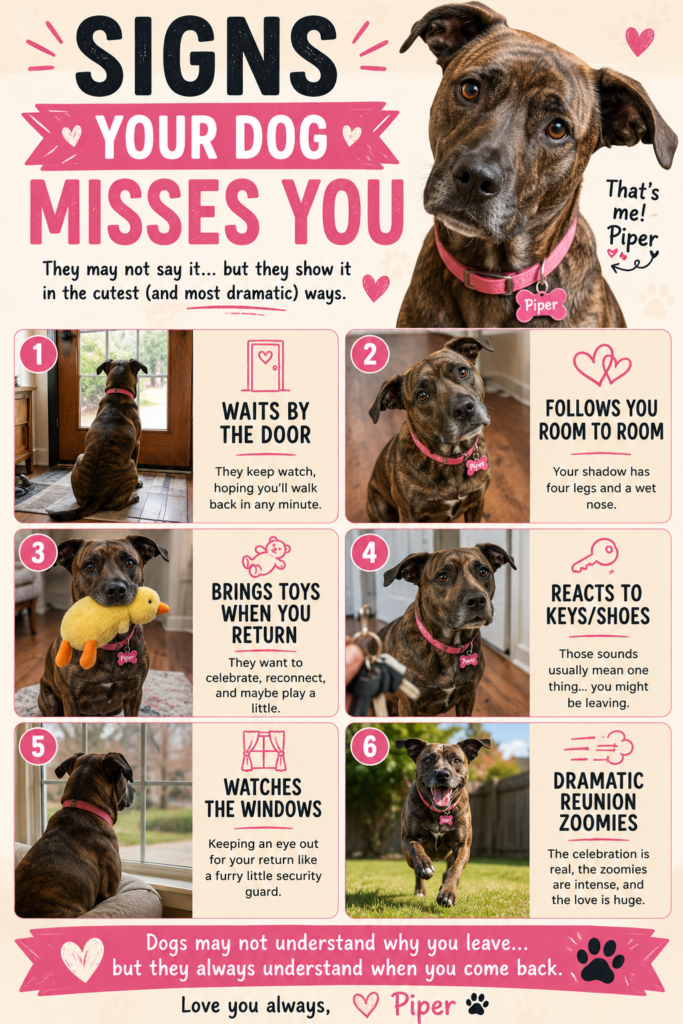Pinterest-style infographic featuring Piper, a brindle female dog wearing a pink collar and pink tag that says “Piper,” explaining signs your dog misses you. The infographic includes humorous and heartwarming sections showing Piper waiting by the door, following her owner room to room, bringing toys when they return, reacting to keys and shoes, watching through windows, and celebrating with dramatic reunion zoomies. The design uses bright pink accents, playful fonts, and emotional dog expressions in a clean, highly shareable vertical Pinterest format.