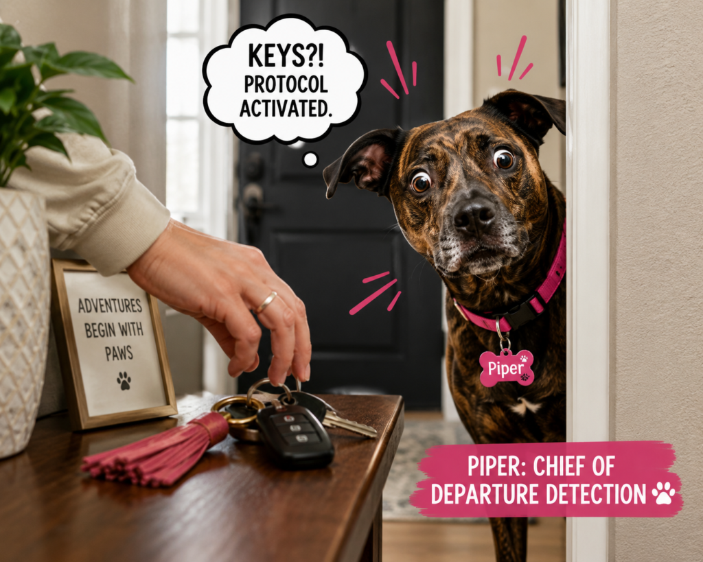 Brindle female dog named Piper wearing a pink collar and pink name tag suddenly peeking around a doorway with wide eyes as a person reaches for car keys, humorously illustrating how dogs instantly detect departure routines and behavioral cues.