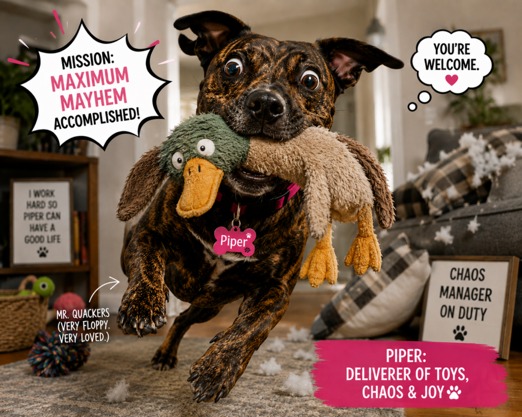 Brindle female dog named Piper wearing a pink collar and pink name tag running excitedly through a living room with a floppy stuffed duck toy named Mr. Quackers in her mouth, surrounded by playful chaos and humorous signs about mayhem and toy delivery on Bark Mind Dogs.