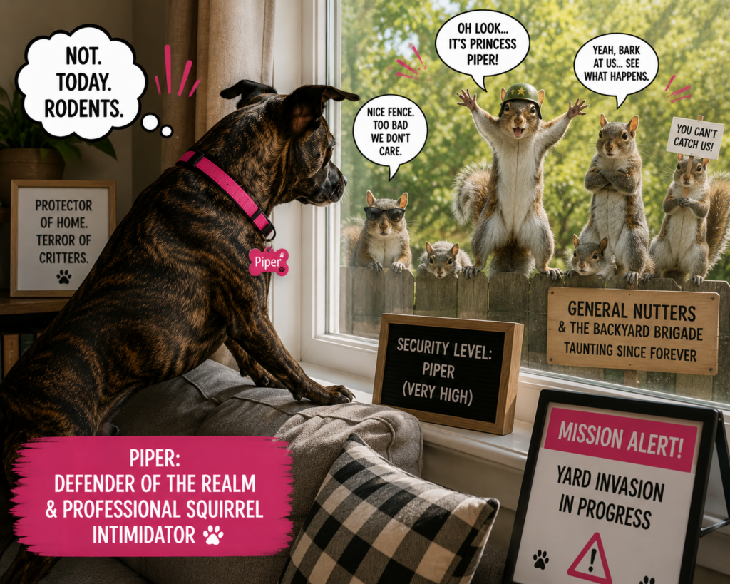 Brindle female dog named Piper wearing a pink collar and pink name tag standing alert at a living room window while General Nutters and a group of taunting squirrels gather outside, humorously illustrating territorial dog behavior and backyard squirrel surveillance on Bark Mind Dogs.