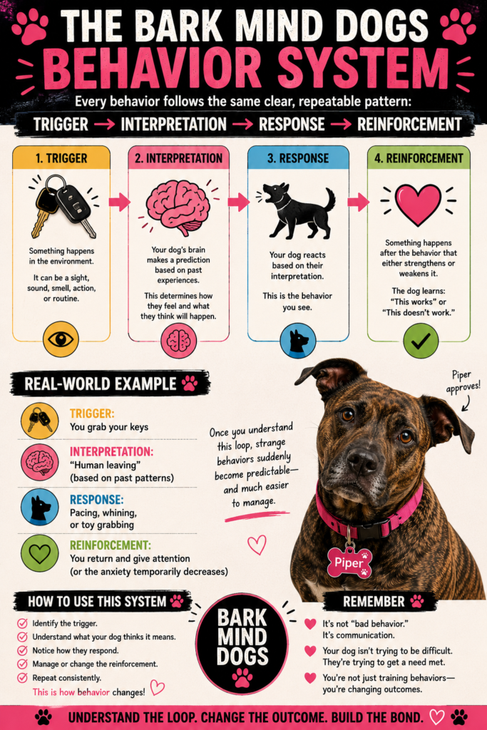 Infographic explaining the Bark Mind Dogs behavior system using the Trigger → Interpretation → Response → Reinforcement framework, featuring Piper, a brindle female dog with a pink collar and pink tag, alongside real-world dog behavior examples and colorful educational panels.