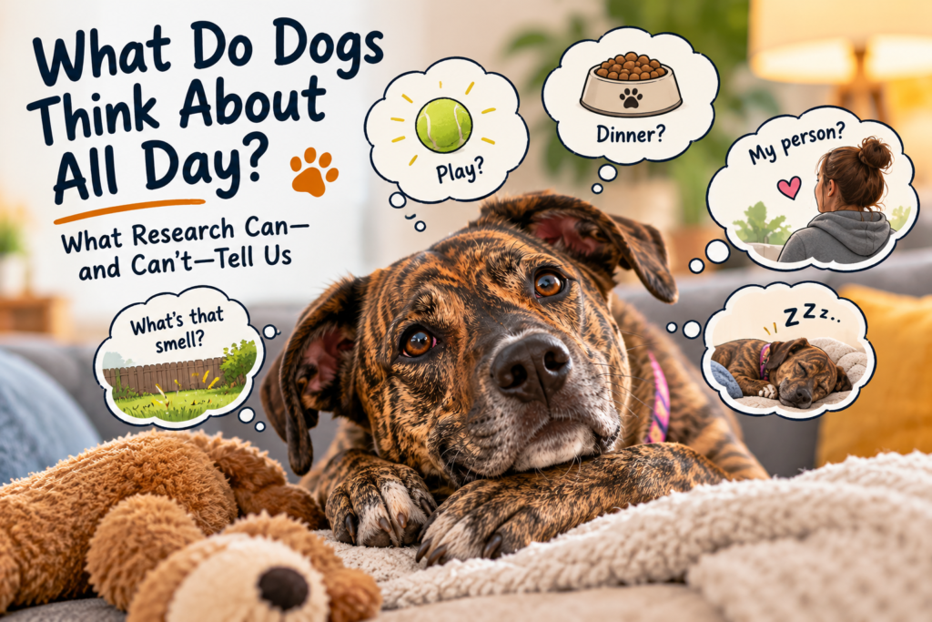 Brindle dog with playful thought bubbles about play, dinner, familiar people, smells and sleep.