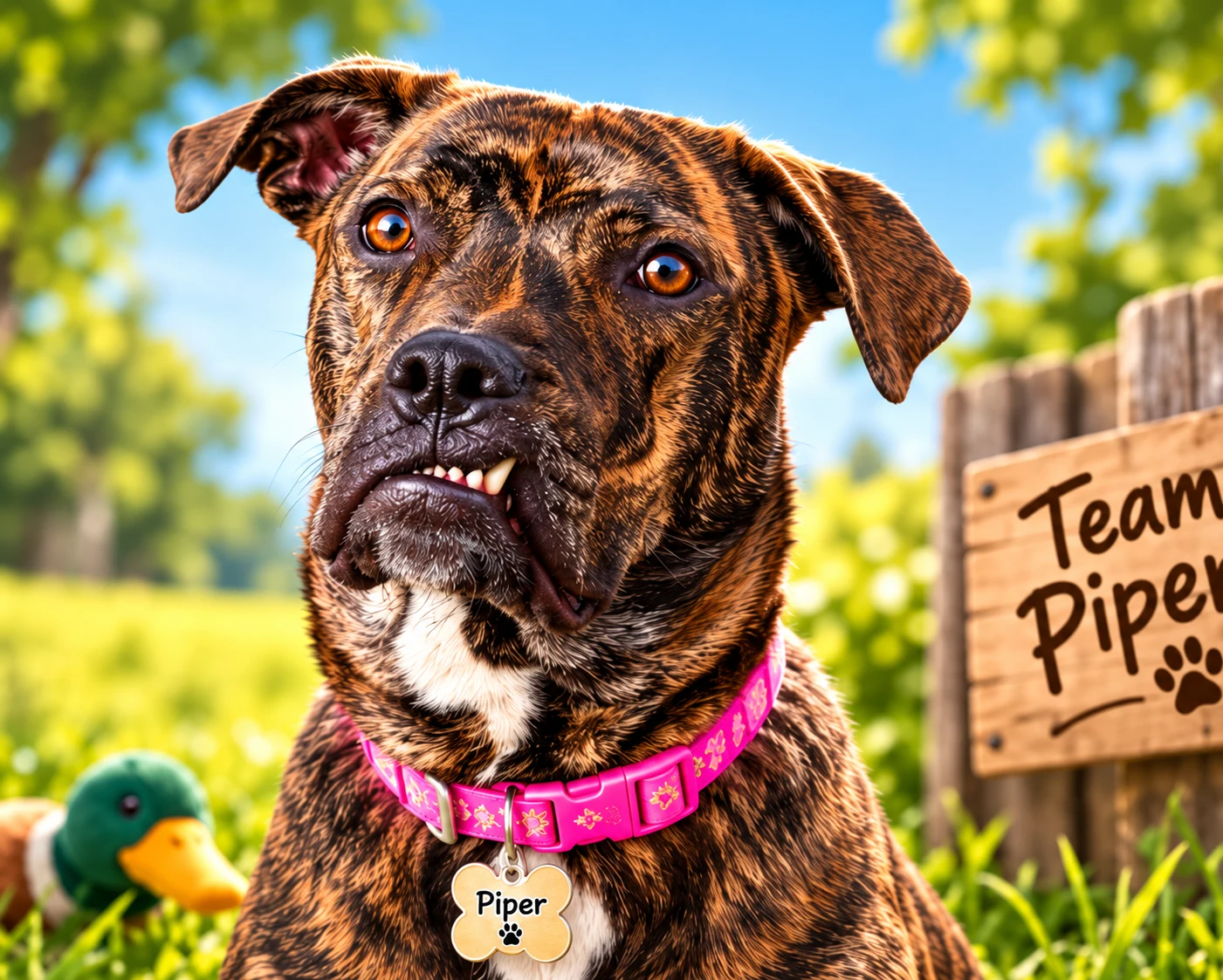 Piper looks curious in the sunny yard, wearing her approved pink collar and name tag.