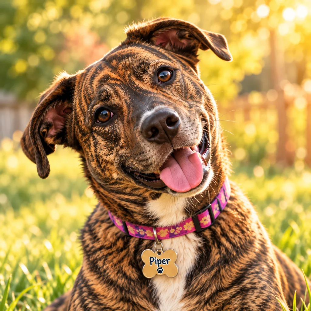 Illustration of Piper, a friendly female brindle dog wearing her pink and purple collar.